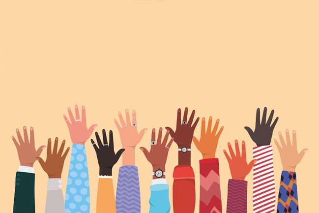 Illustration of arms of different races reaching upwards, hands open.